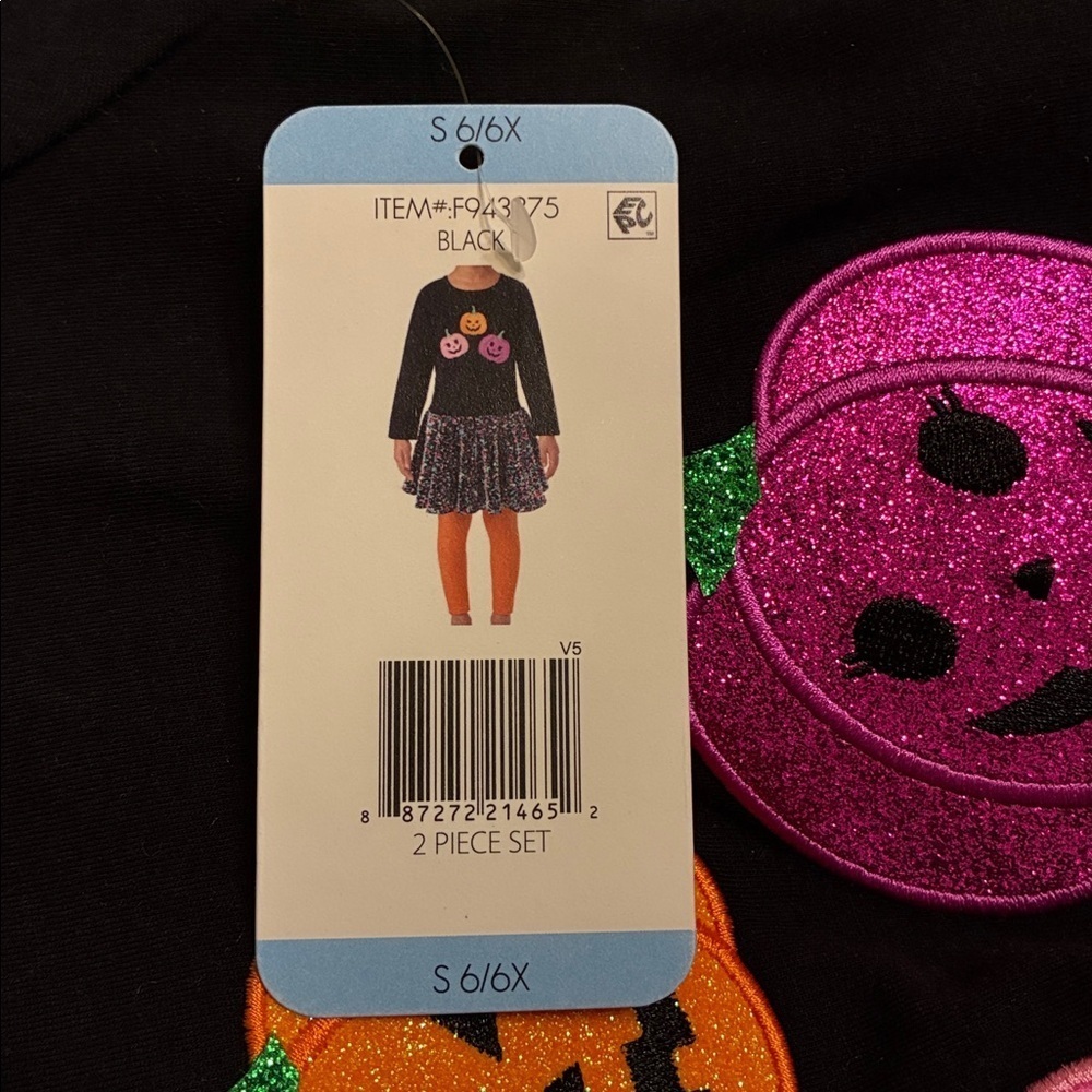 Kids Halloween Pumpkin Glitter and Sequins Matching Set - Black and Multicolor6X - Picture 7 of 8